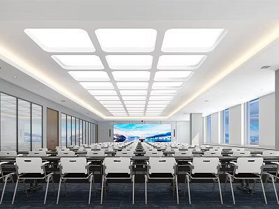 Spacious Modern Conference Room With Arranged Tables Chairs Ceiling Lights And Large Screen 3d model