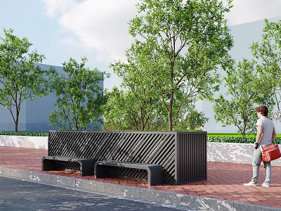 Outdoor Bench With Slatted Design In Park Area Surrounded By Green Trees 3d model Outdoor Bench With Slatted Design In Park Area Surrounded By Green Trees 3d model