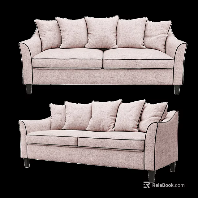 Light Colored Two Seater Sofa With Multiple Cushions Curved Armrests And Dark Legs 3d model