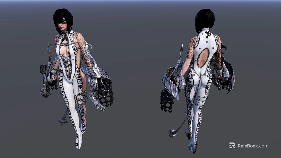 Futuristic Female Game Movie Character In Silver White Outfit With Mechanical Details 3d model 