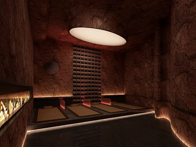 Luxury Bath Center Interior With Stone Walls Circular Ceiling Light Grid Design And Mat Seats 3d model