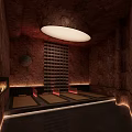 Luxury Bath Center Interior With Stone Walls Circular Ceiling Light Grid Design And Mat Seats