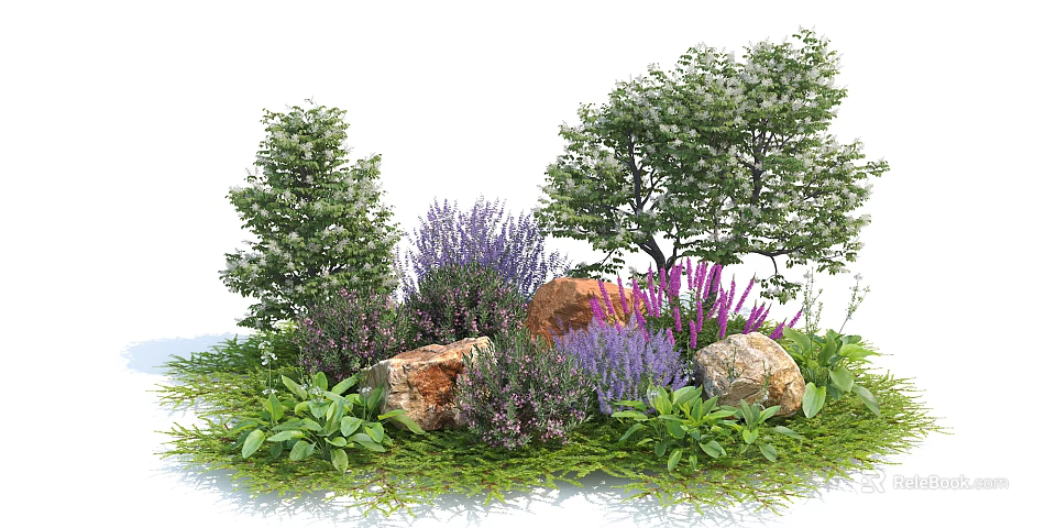 Beautiful Garden Landscape With Colorful Flowers Trees Rocks And Green Grass 3d model 