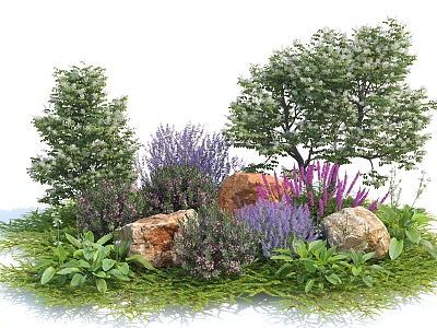 Beautiful Garden Landscape With Colorful Flowers Trees Rocks And Green Grass 3d model