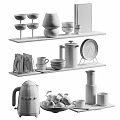 Decorative Ornaments Set With Metal Cups White Ornament Books and Fruits on Wooden Shelves