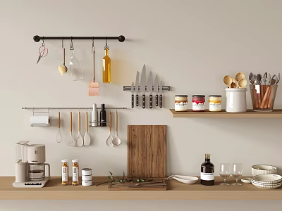 Organized Kitchen Featuring Hanging Rod Utensils Knives Bottles Shelves Jars Cups Cutting Board Coffee Maker 3d model