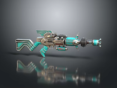3D Rendered Turquoise Futuristic Gun With Mechanical Barrel And Decorative Stock Design 3d model
