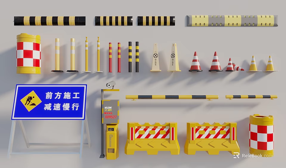 Road Construction Safety Equipment With Barriers Cones Warning Signs And Guardrails 3d model 