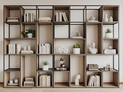 Modern Home Storage Shelf Unit With Multiple Compartments Decorated By Books Plants And Decorative Items 3d model
