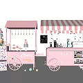 Pink Mobile Food Carts With Striped Awnings Selling Desserts And Drinks