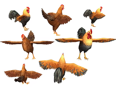 Flying Animals Multiple Roosters In Various Poses With Spreading Wings Red Combs And Vibrant Feathers 3d model