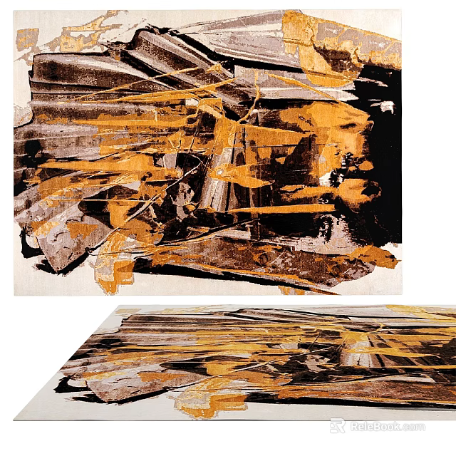 Abstract Square Rug With Yellow Black And Gray Brushstroke Art Patterns Design 3d model 