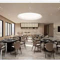 Modern Restaurant Interior With Large Windows Mountain View Round Tables And Circular Ceiling Light 3d model