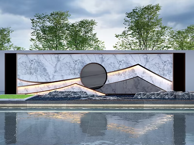 Modern Marble Landscape Wall with Circular Design Mountain Water Pattern Green Trees and Water Reflection 3d model