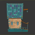 Cartoon Fairy Tale House with Orange Walls Blue Tiled Roof Windows and Door