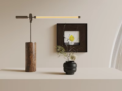 Modern Minimalist Table Lamp with Wooden Base and Framed Art on Light Colored Wall 3d model