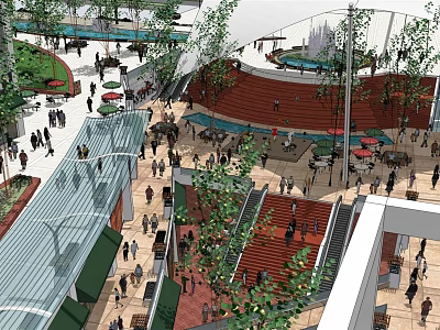 Vibrant Commercial Street Featuring Glass Canopy Lush Greenery Escalators Red Seating And Busy Shoppers 3d model
