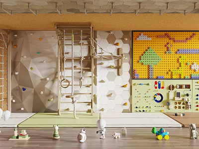 Indoor Playground Equipment With Climbing Wall Rope Ladder And Building Block Wall 3d model