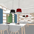Vibrant Children Activity Space With Colorful Pendant Lights White Chairs Wooden Partitions And Blue Bench