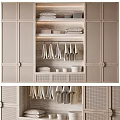 Modern Woven Door Wardrobe Interior with Wooden Frame Shelves Hanging Rods Folded Clothes and Lighting