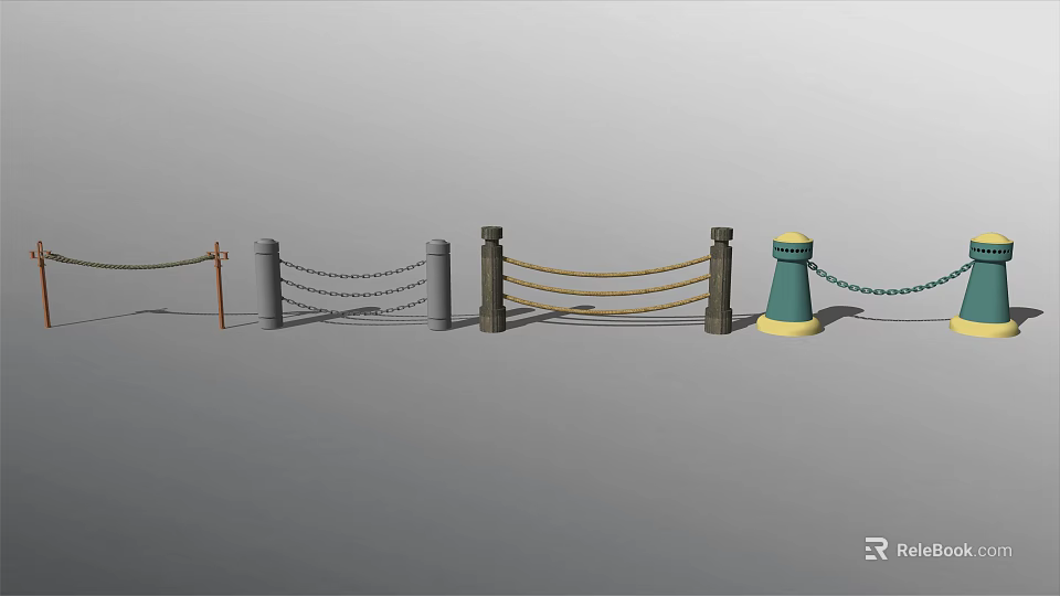 Various Design Railings With Concrete Wooden Posts Ropes And Chains 3d model