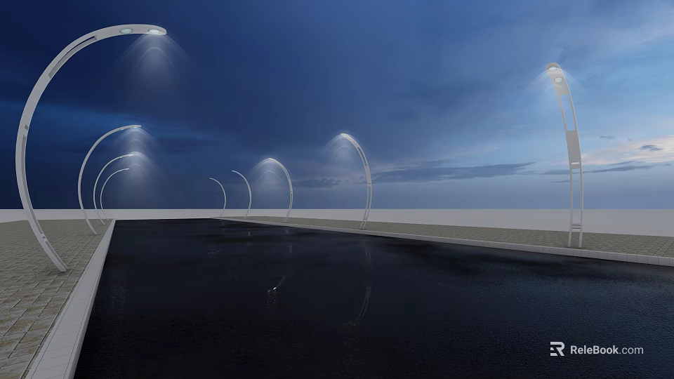 Outdoor Lights With Curved Design For Nighttime Walkway Illumination And Smooth Surface Reflection 3d model 