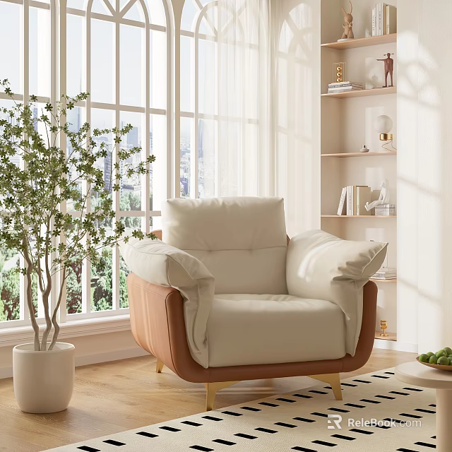Home Balcony With Cozy Beige Leather Armchair Green Potted Plant White Bookshelf And Bright Light 3d model 