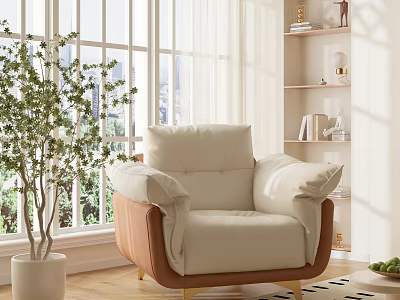 Home Balcony With Cozy Beige Leather Armchair Green Potted Plant White Bookshelf And Bright Light 3d model