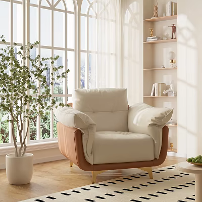 Home Balcony With Cozy Beige Leather Armchair Green Potted Plant White Bookshelf And Bright Light 3d model