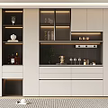 Modern Wine Cabinet With White Cabinetry LED Lighting Glass Shelves Wine Bottles And Decorative Items