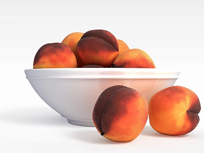 Fresh Ripe Peaches Filled in White Bowl with Some Outside on Clean Surface 3d model