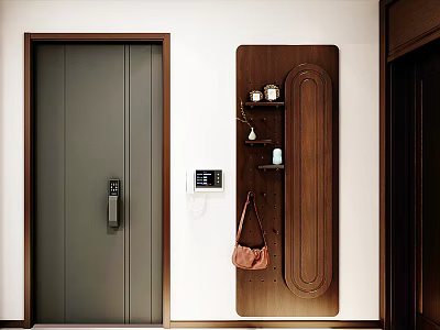 Modern Wooden Wall Mounted Shelf in Entryway with Decor Items and Hanging Bag 3d model