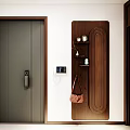 Modern Wooden Wall Mounted Shelf in Entryway with Decor Items and Hanging Bag