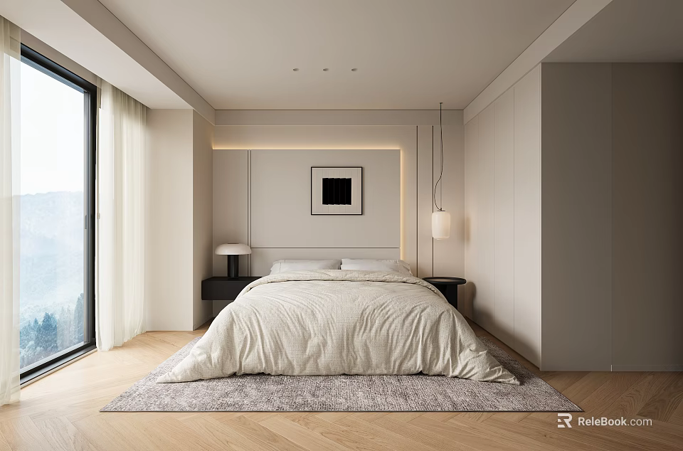 Modern Bedroom Interior With White Bed Large Window Mountain View Framed Painting Wooden Floor Rug 3d model 