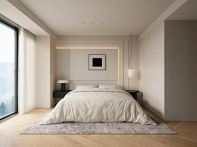 Modern Bedroom Interior With White Bed Large Window Mountain View Framed Painting Wooden Floor Rug 3d model