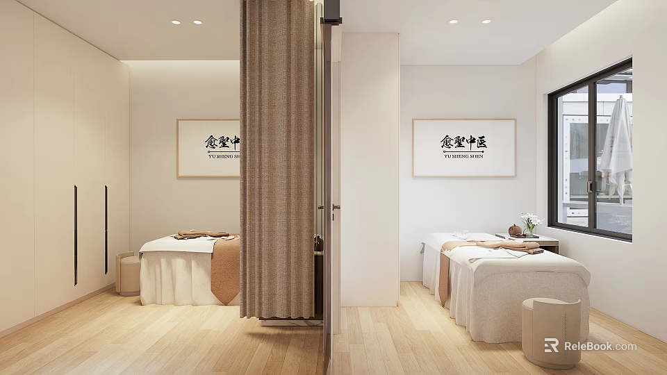 Serene Beauty Spa Interior With Massage Beds Wooden Flooring And Potted Plants 3d model 