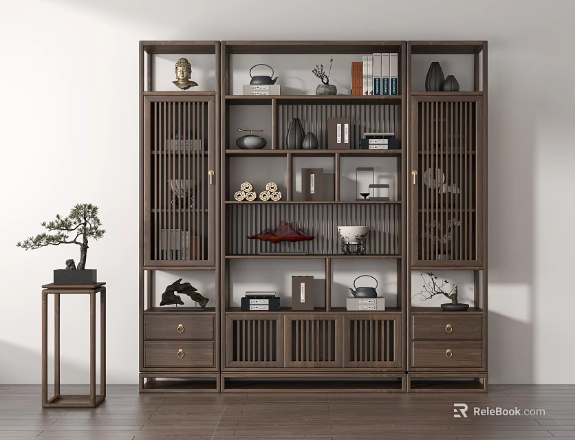Traditional Chinese Wooden Display Cabinet With Decorative Items Tea Sets Books And Potted Plant 3d model 