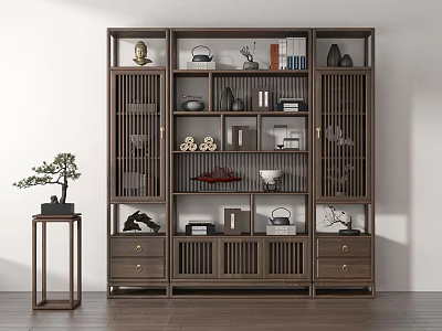 Traditional Chinese Wooden Display Cabinet With Decorative Items Tea Sets Books And Potted Plant 3d model
