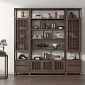 Traditional Chinese Wooden Display Cabinet With Decorative Items Tea Sets Books And Potted Plant