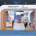 Modern Exhibition Booth With White Orange Structure World Map Display Reception Counter And Screen 3d model