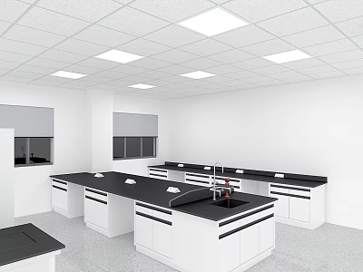 Modern Laboratory Interior With Black Workbenches Gray Windows And Ceiling Lights 3d model