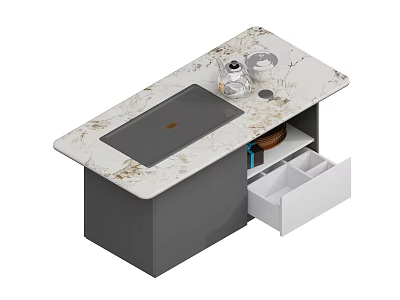 Modern Tea Table With Marble Countertop Built In Tray Teapot And Gray Cabinet Drawers 3d model