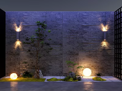 Courtyard Garden Design With Stone Wall Wall Lamps Small Tree Grass And Round Light Fixtures 3d model
