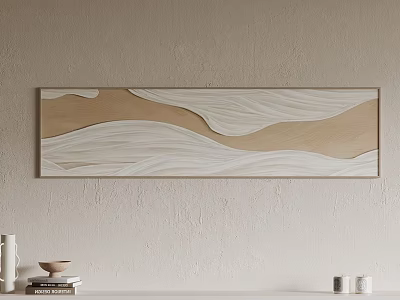 Long Wavy Texture Painting On Beige Wall With Shelf Holding Books Bowls Vases Silver Canisters 3d model