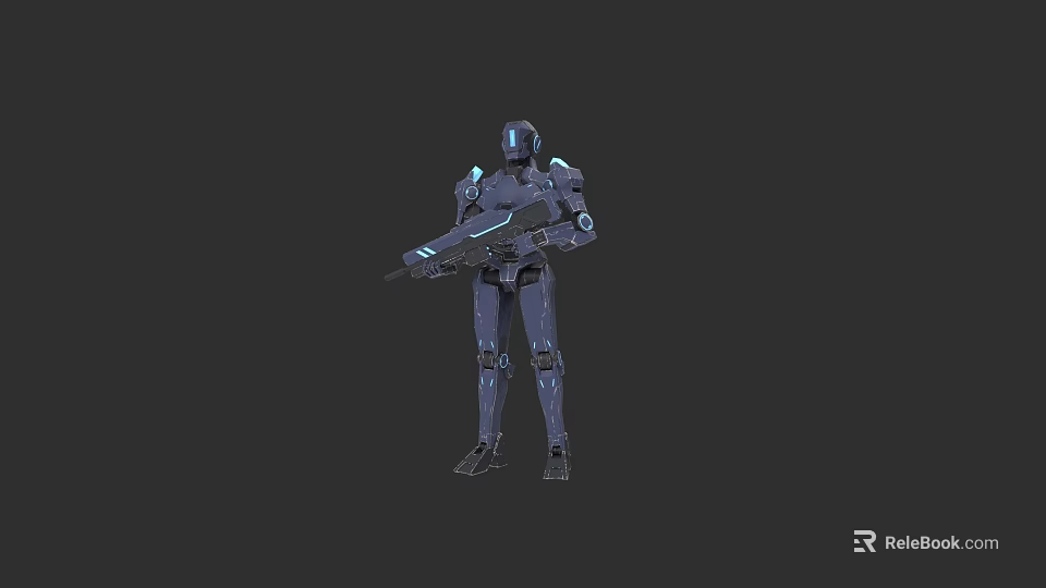 Sci Fi Game Character Blue Armored Robot With Glowing Accents And Weapon 3d model 