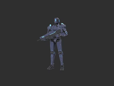 Sci Fi Game Character Blue Armored Robot With Glowing Accents And Weapon 3d model