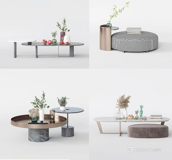 Modern Coffee Table Designs With Green Plants Vases Books And Decorative Elements 3d model