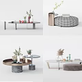 Modern Coffee Table Designs With Green Plants Vases Books And Decorative Elements 3d model