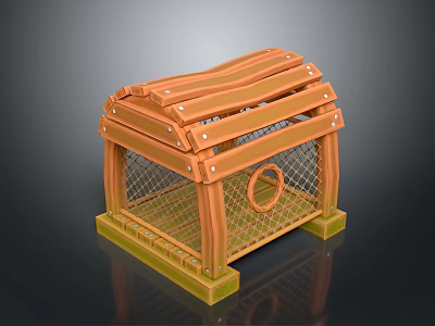 Rustic Wooden Cage With Wire Mesh And Green Base Detailed Design 3d model