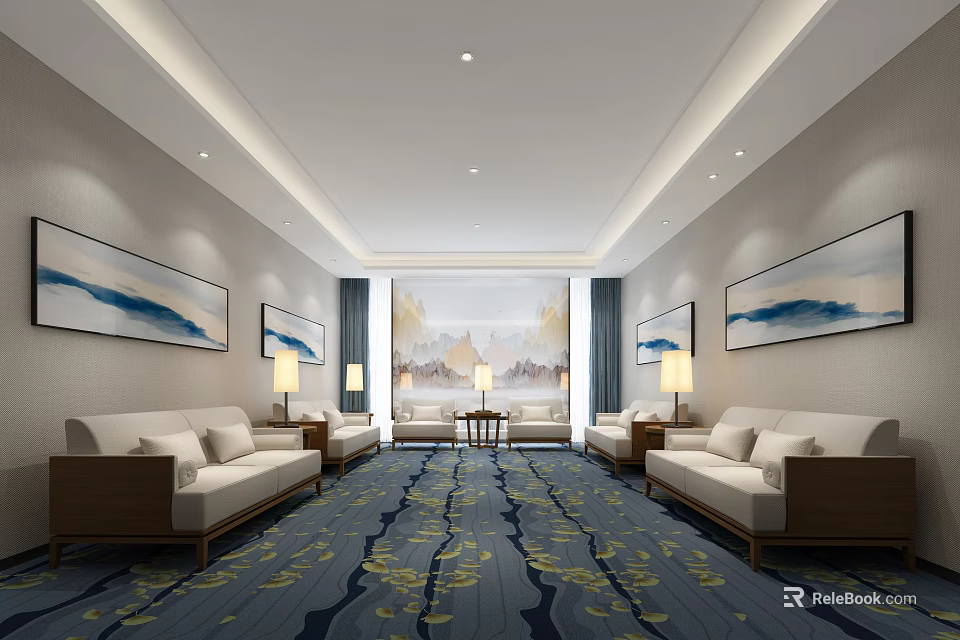 Elegant Hotel Public Lounge Area With Comfortable Sofas Patterned Carpet And Decorative Paintings 3d model